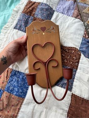 Rust Red Heart Wall Sconce with Wood Backing